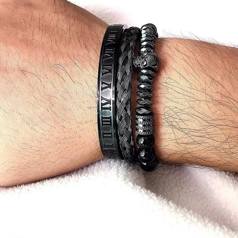 Black Stone Hematite Beads Men Skull Crown Leopard Head Handmade Bracelets Enamel Roman Bangles Hiphop Pulseras Jewelry