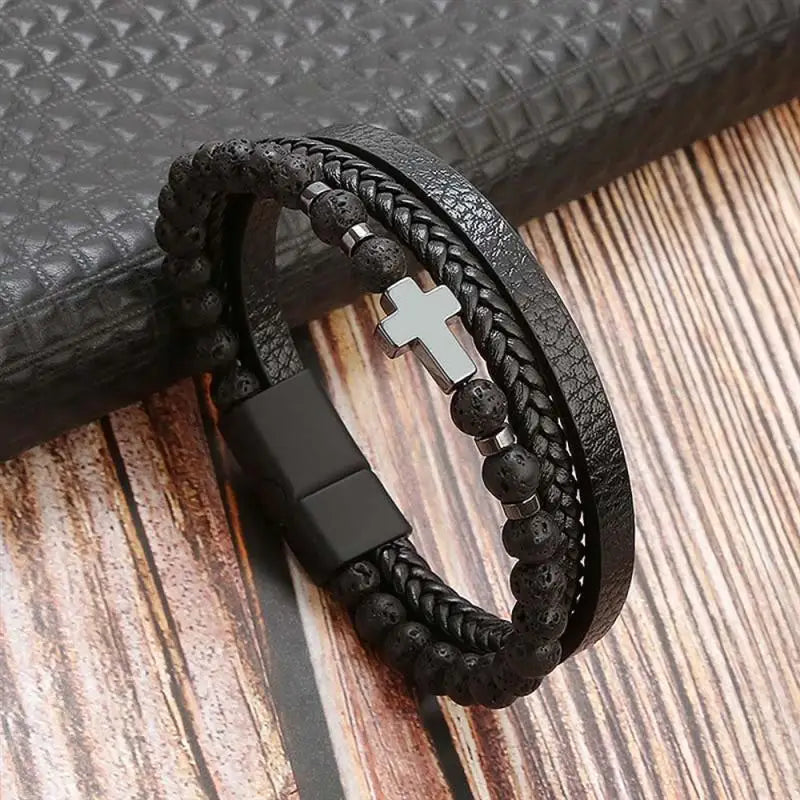 Jiayiqi New Design Punk Leather Bracelet Men Fashion Beaded Multi-Layer Leather Bracelet For Men New Year Jewelry Gift