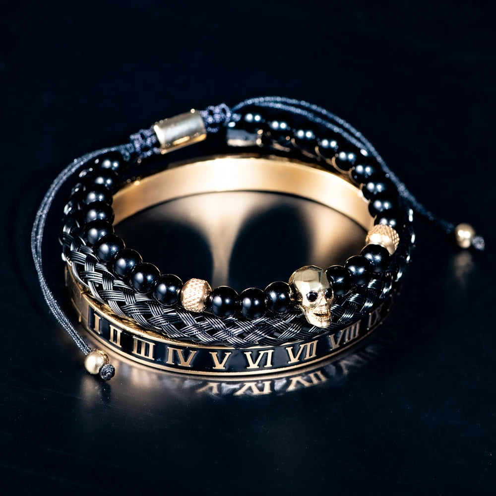 Luxury Set Crown Charm Gold Color Skull Bracelet Stainless Steel Men Black Enamel Roman Number Bangles Europe Couple Jewelry