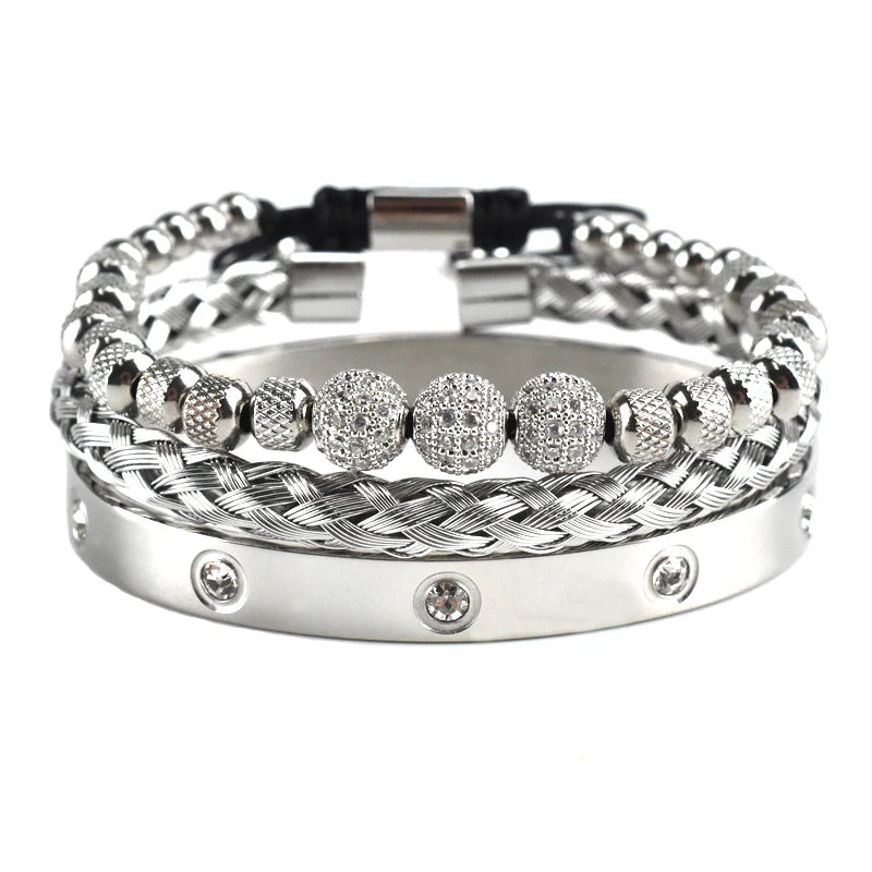 Luxury 8mm CZ Ball Charm Man Bracelet Crystal Stainless Steel Women Bangles Couple Jewelry Set Valentines Day Gift