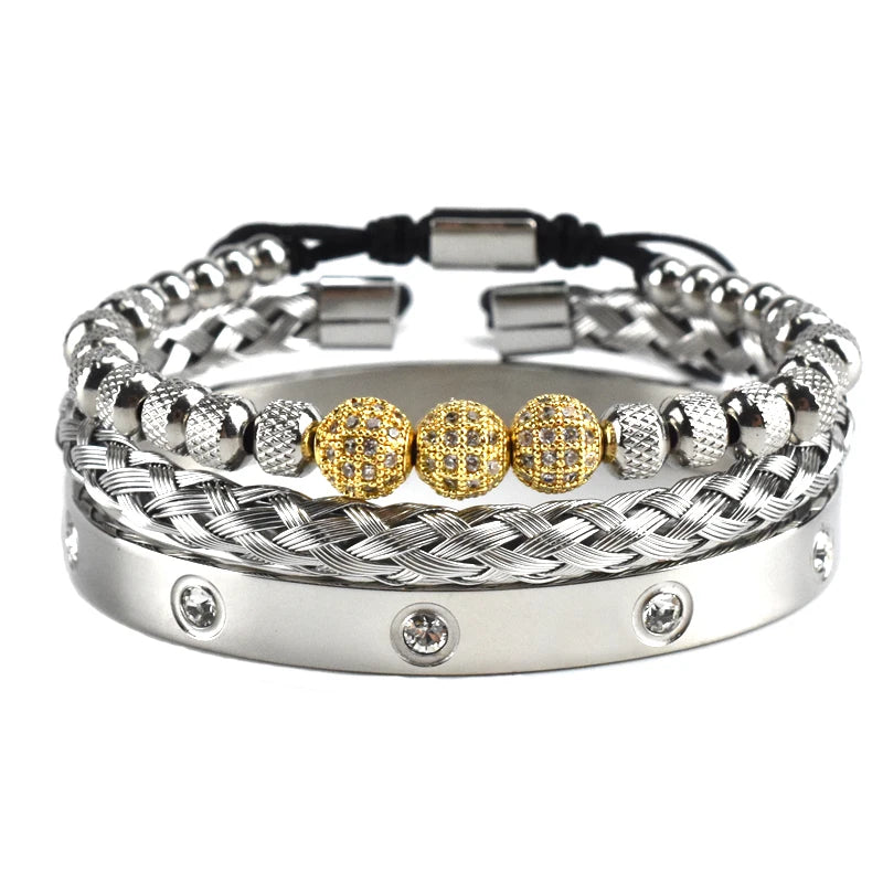 Luxury 8mm CZ Ball Charm Man Bracelet Crystal Stainless Steel Women Bangles Couple Jewelry Set Valentines Day Gift