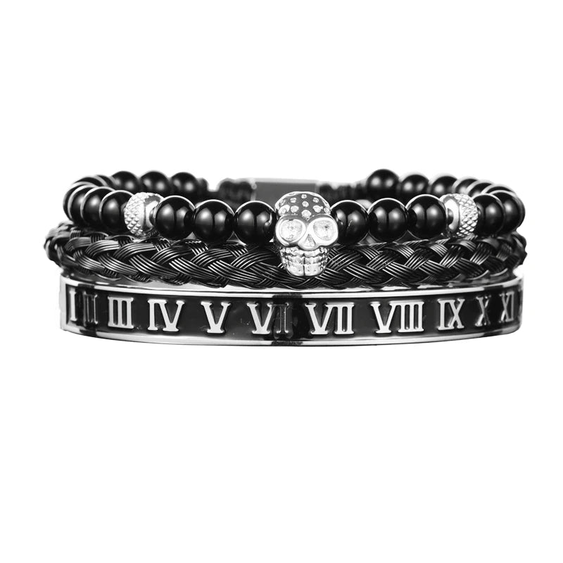 Luxury Set Crown Charm Gold Color Skull Bracelet Stainless Steel Men Black Enamel Roman Number Bangles Europe Couple Jewelry
