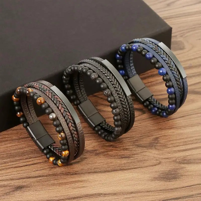 Jiayiqi New Design Punk Leather Bracelet Men Fashion Beaded Multi-Layer Leather Bracelet For Men New Year Jewelry Gift