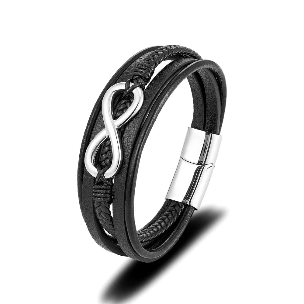 MKENDN Classic Men Infinity Bracelet Woven Multilayer Braided Leather Bracelets For Women Black Stainless Steel Jewelry Gifts
