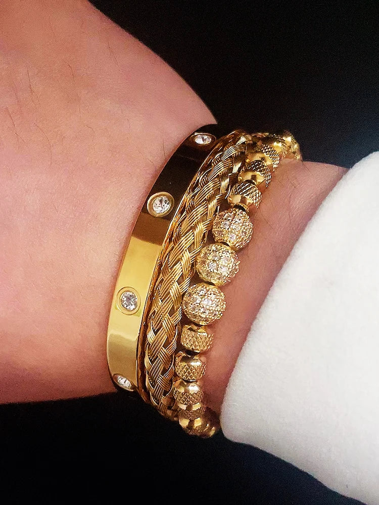 Luxury 8mm CZ Ball Charm Man Bracelet Crystal Stainless Steel Women Bangles Couple Jewelry Set Valentines Day Gift