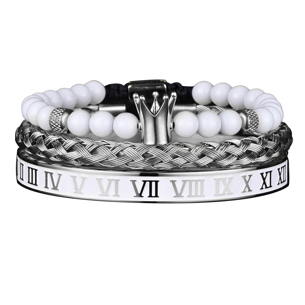 Luxury Set Crown Charm Gold Color Skull Bracelet Stainless Steel Men Black Enamel Roman Number Bangles Europe Couple Jewelry
