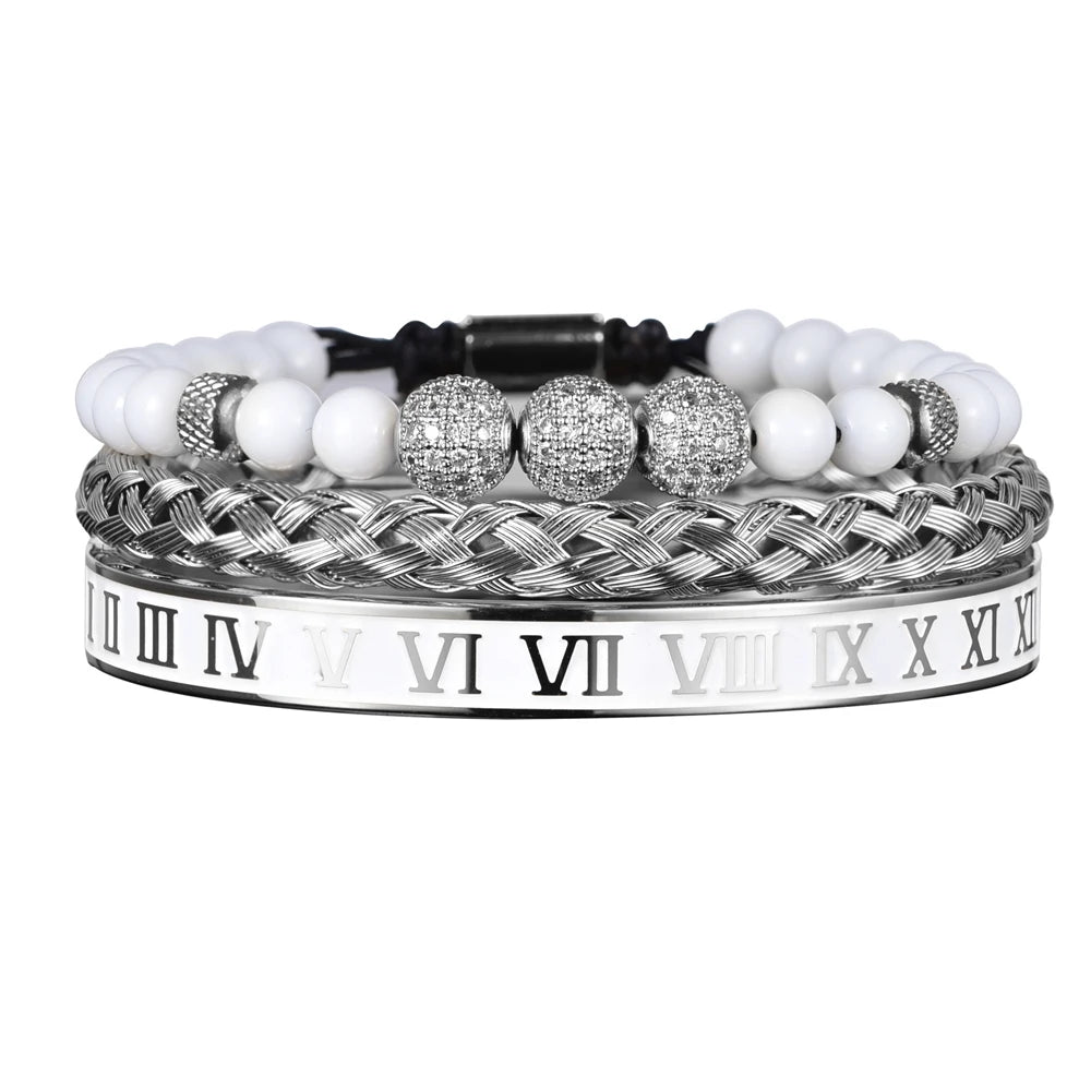 Luxury Set Crown Charm Gold Color Skull Bracelet Stainless Steel Men Black Enamel Roman Number Bangles Europe Couple Jewelry