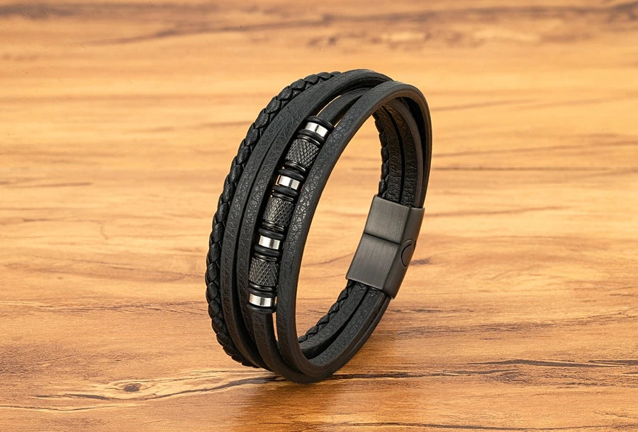 XQNI Fashion Handmade Multi-Layer Leather Bracelets for Men Women Wristband Stainless Steel Button Bangle Accessories Jewelry