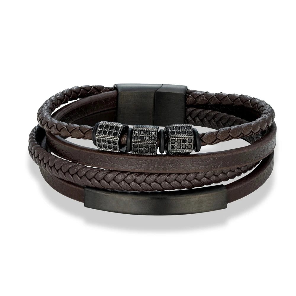 MKENDN Luxury Cubic Zircon Leather Braided Stainless Steel Magnetic Buckle Bracelet for Man Woman Daily Wear Jewelry Gift