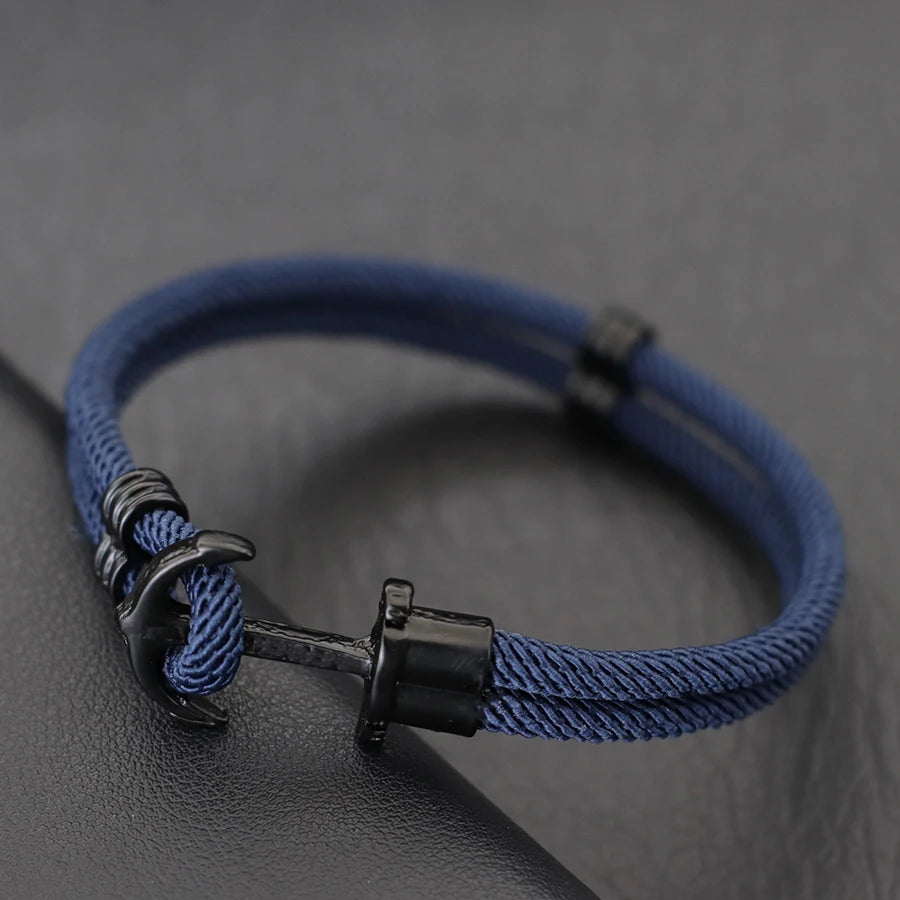 New Fashion Black Marine Anchor Bracelet For Men 4mm Bilayer Milan Rope Nautical Wrap Braclet Gifts For Him Surfing Accessories