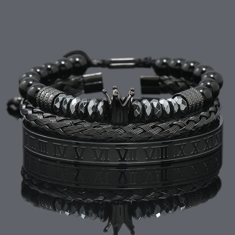 Black Stone Hematite Beads Men Skull Crown Leopard Head Handmade Bracelets Enamel Roman Bangles Hiphop Pulseras Jewelry