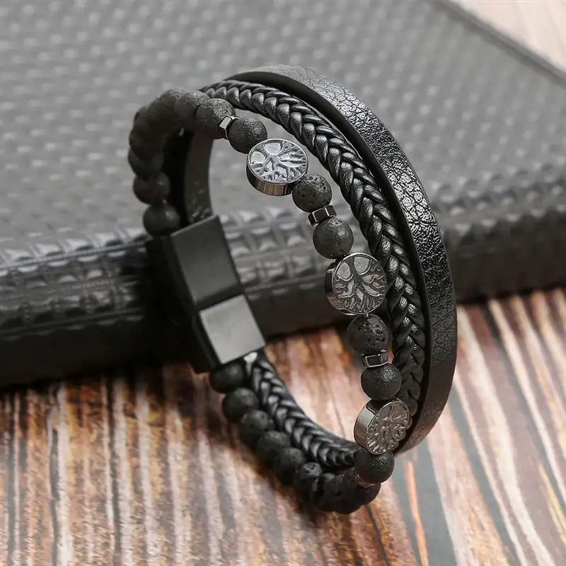 Jiayiqi New Design Punk Leather Bracelet Men Fashion Beaded Multi-Layer Leather Bracelet For Men New Year Jewelry Gift
