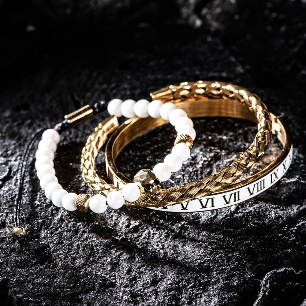 Luxury Set Crown Charm Gold Color Skull Bracelet Stainless Steel Men Black Enamel Roman Number Bangles Europe Couple Jewelry