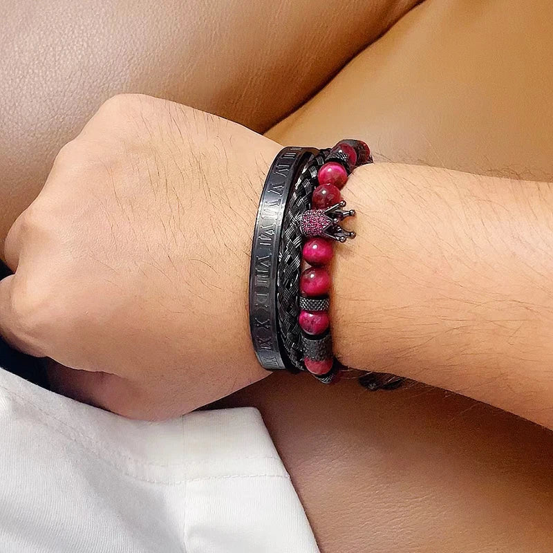 Luxury Set Tiger Stone Beads Crown Charms Man Bracelet Black Roman Stainless Steel Bangles Women Jewelry All Hallows’ Day Gift