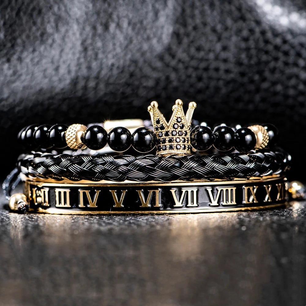 Luxury Set Crown Charm Gold Color Skull Bracelet Stainless Steel Men Black Enamel Roman Number Bangles Europe Couple Jewelry
