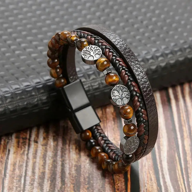 Jiayiqi New Design Punk Leather Bracelet Men Fashion Beaded Multi-Layer Leather Bracelet For Men New Year Jewelry Gift
