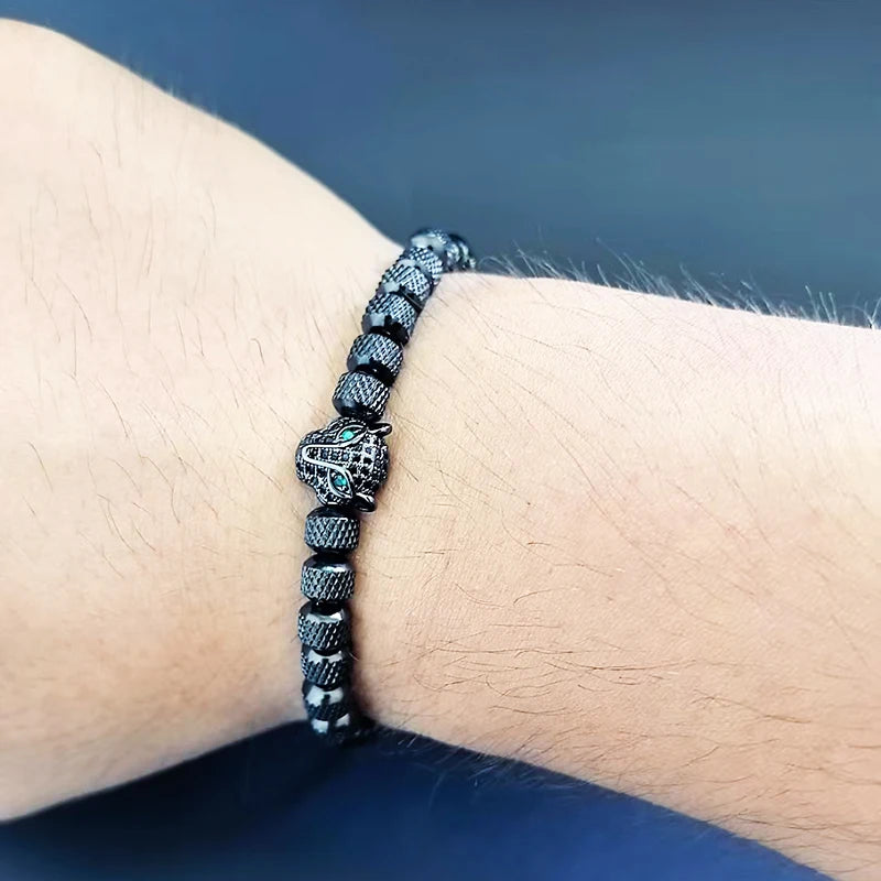 Luxury Royal Black Leopard Head Man Bracelet Stainless Steel Beads Hand Jewelry Big Boy Gift