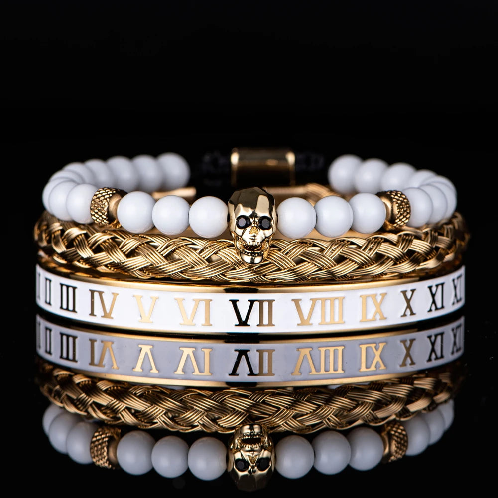 Luxury Set Crown Charm Gold Color Skull Bracelet Stainless Steel Men Black Enamel Roman Number Bangles Europe Couple Jewelry
