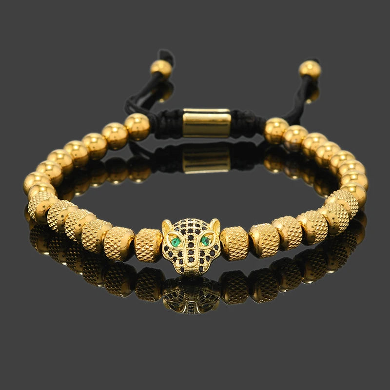 Luxury Royal Black Leopard Head Man Bracelet Stainless Steel Beads Hand Jewelry Big Boy Gift