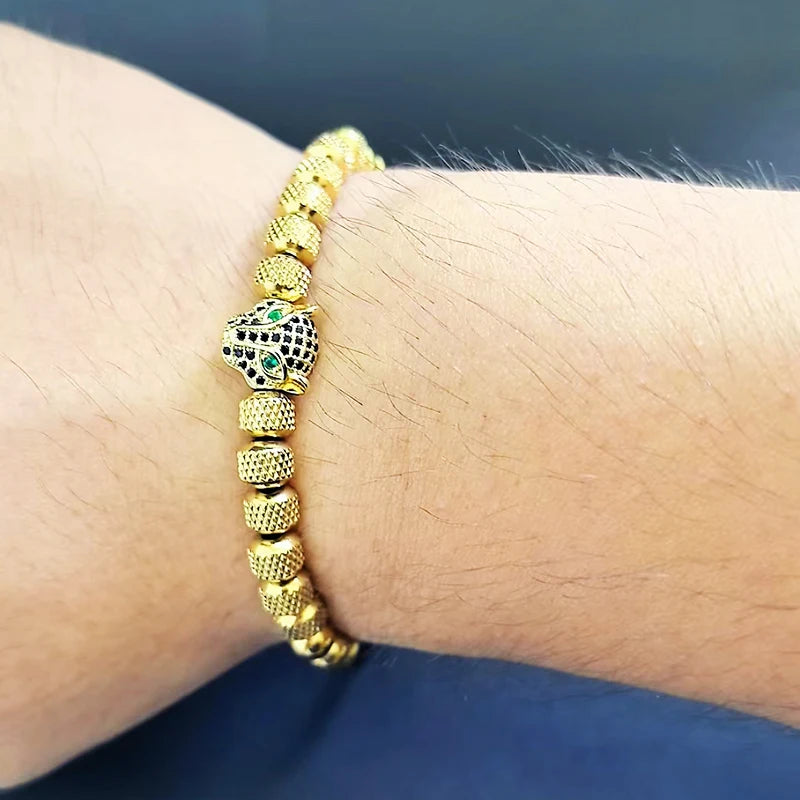 Luxury Royal Black Leopard Head Man Bracelet Stainless Steel Beads Hand Jewelry Big Boy Gift