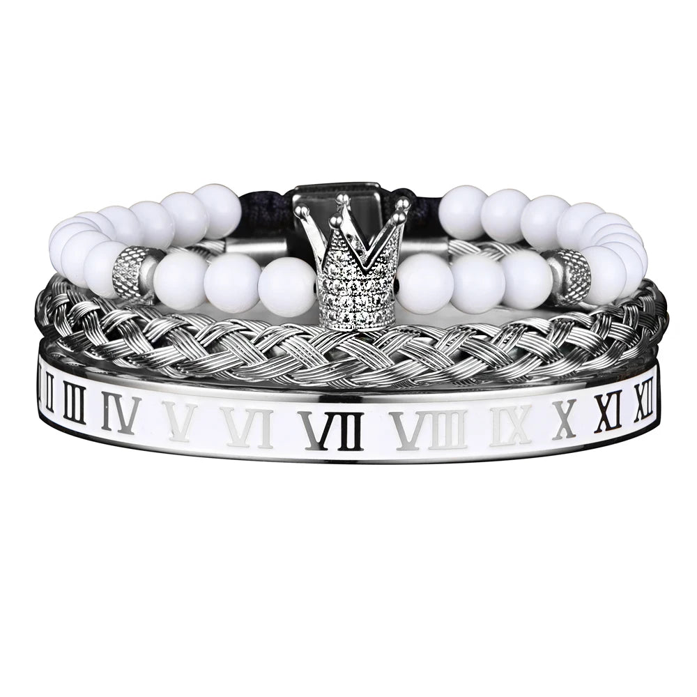 Luxury Set Crown Charm Gold Color Skull Bracelet Stainless Steel Men Black Enamel Roman Number Bangles Europe Couple Jewelry