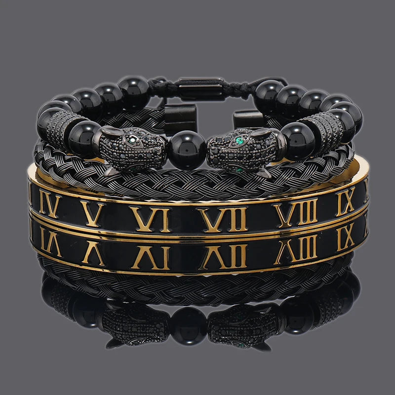 Luxury Black Stone Beads Leopard Head Man Bracelet Enamel Stainless Steel Roman Bangles Women Jewelry Set