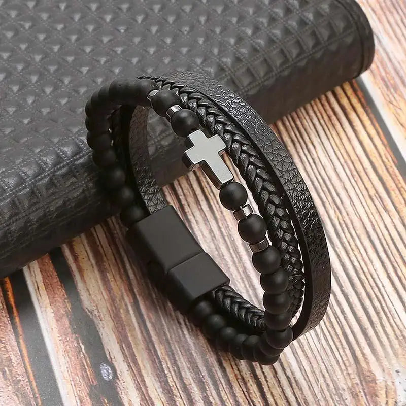Jiayiqi New Design Punk Leather Bracelet Men Fashion Beaded Multi-Layer Leather Bracelet For Men New Year Jewelry Gift