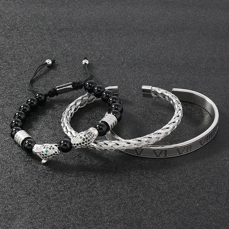 Luxury Black Stone Beads Leopard Head Man Bracelet Enamel Stainless Steel Roman Bangles Women Jewelry Set