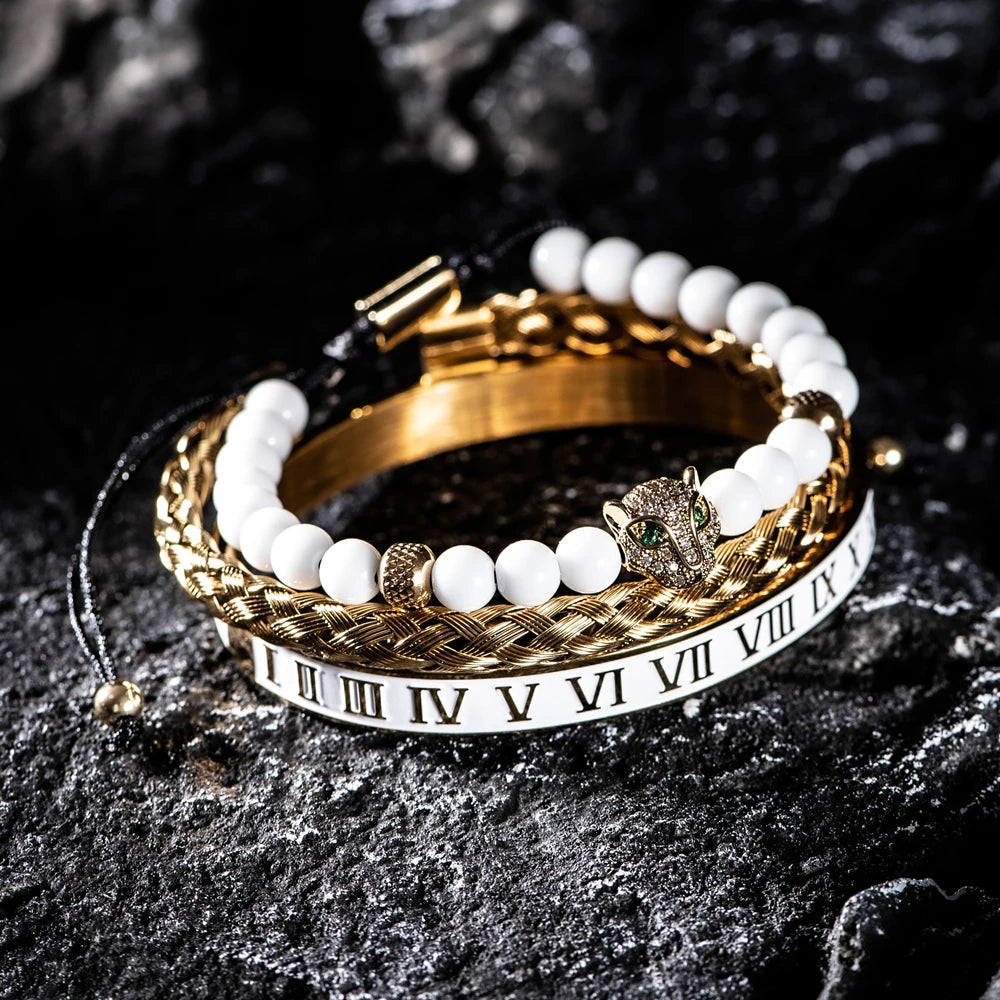Luxury Set Crown Charm Gold Color Skull Bracelet Stainless Steel Men Black Enamel Roman Number Bangles Europe Couple Jewelry