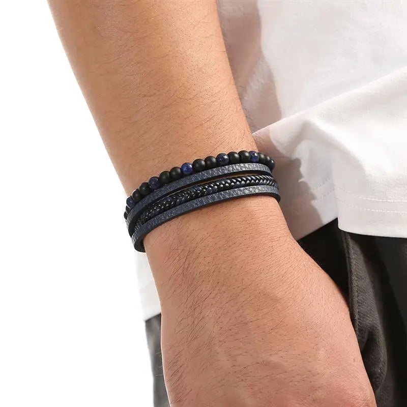Jiayiqi New Design Punk Leather Bracelet Men Fashion Beaded Multi-Layer Leather Bracelet For Men New Year Jewelry Gift