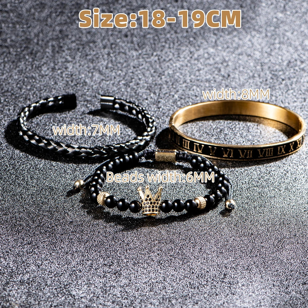 Luxury Set Crown Charm Gold Color Skull Bracelet Stainless Steel Men Black Enamel Roman Number Bangles Europe Couple Jewelry