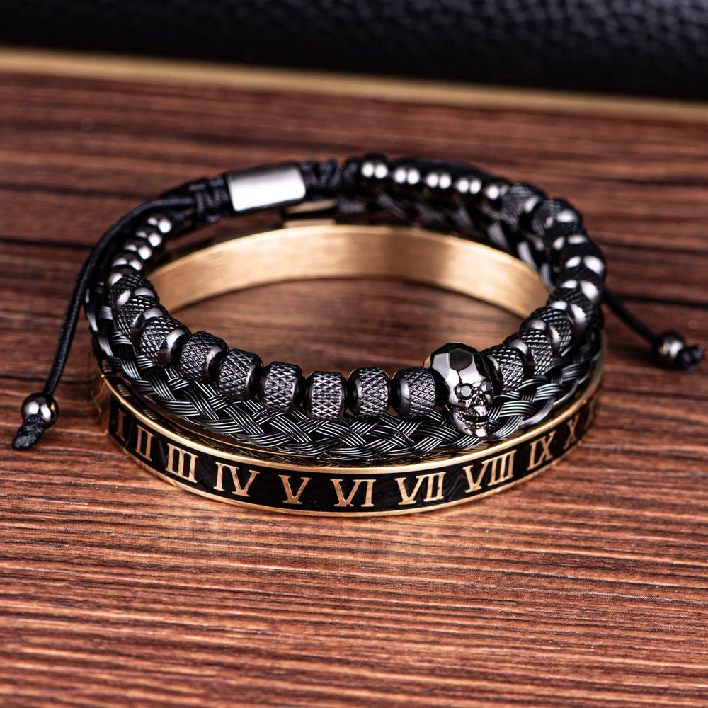 Luxury 3pcs/Set Skull Charm Black Bracelet Stainless Steel Men Enamel Roman Number Bangles Europe Fashion Couple Jewelry