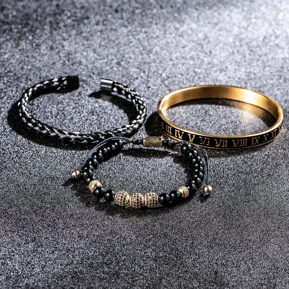 Luxury Set Crown Charm Gold Color Skull Bracelet Stainless Steel Men Black Enamel Roman Number Bangles Europe Couple Jewelry