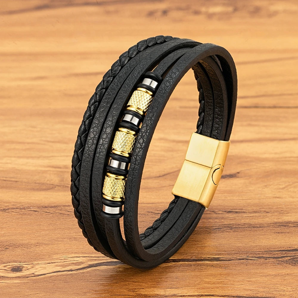 XQNI Fashion Handmade Multi-Layer Leather Bracelets for Men Women Wristband Stainless Steel Button Bangle Accessories Jewelry
