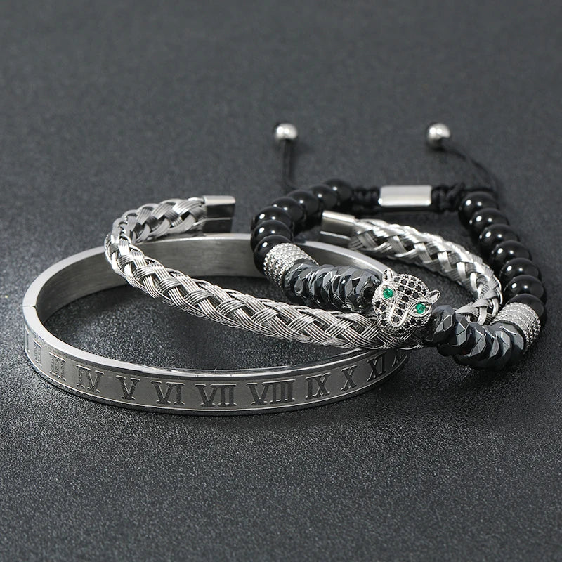 Black Stone Hematite Beads Men Skull Crown Leopard Head Handmade Bracelets Enamel Roman Bangles Hiphop Pulseras Jewelry