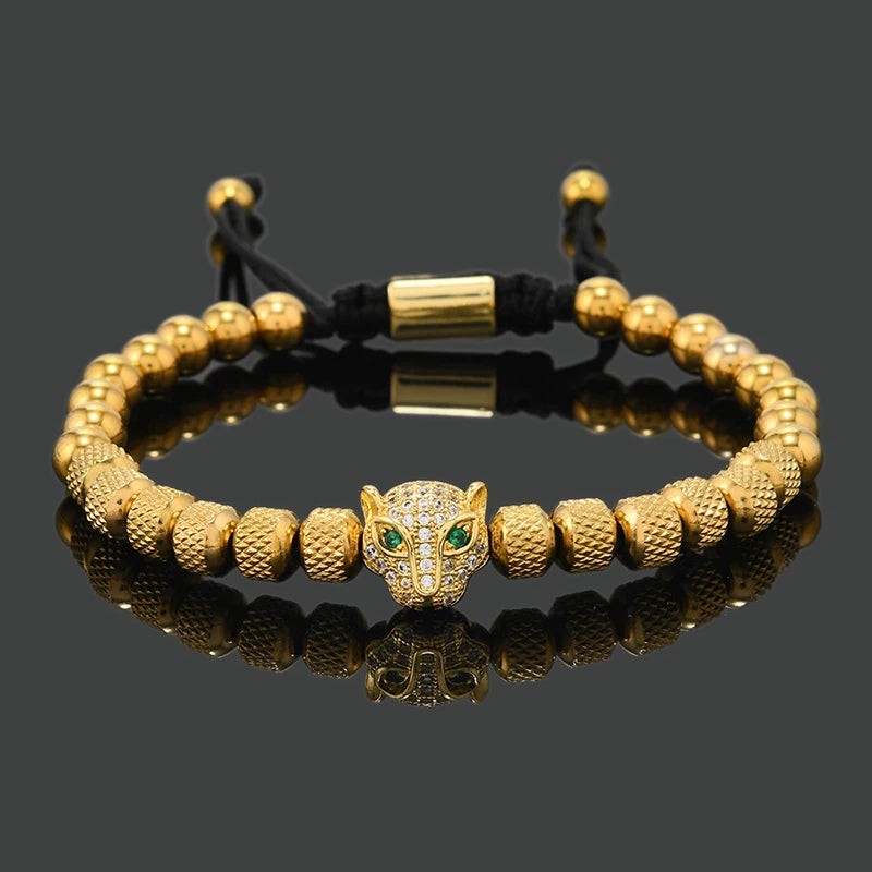 Luxury Royal Black Leopard Head Man Bracelet Stainless Steel Beads Hand Jewelry Big Boy Gift