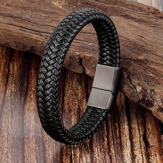Trendy Men Jewelry Red Braided Leather Rope Bracelet Black Magnetic Buckle Bracelets Punk Men Wrist Band Pulsera Hombre
