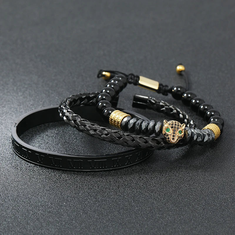 Black Stone Hematite Beads Men Skull Crown Leopard Head Handmade Bracelets Enamel Roman Bangles Hiphop Pulseras Jewelry