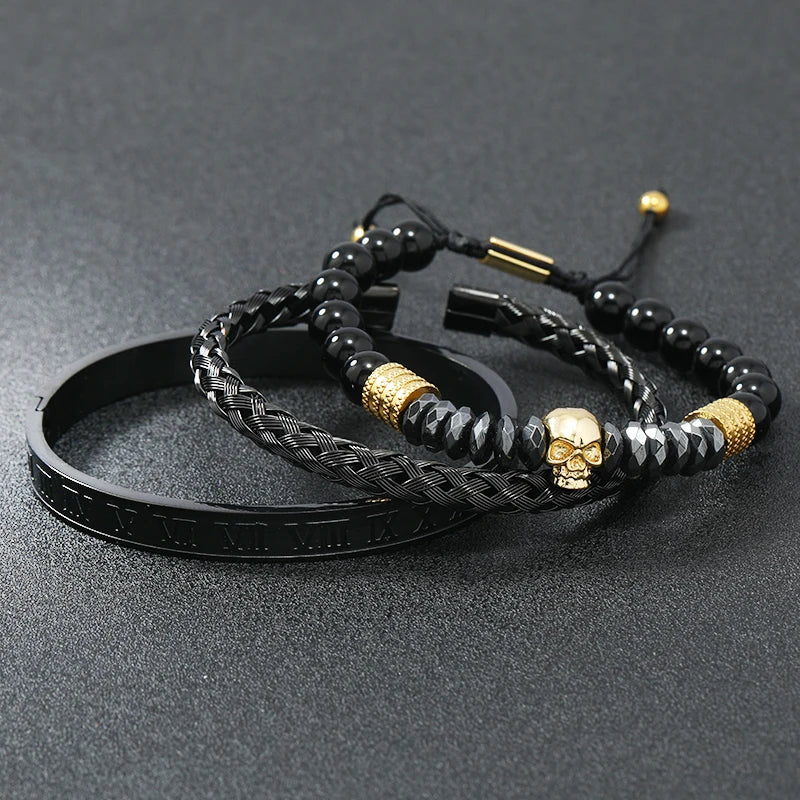 Black Stone Hematite Beads Men Skull Crown Leopard Head Handmade Bracelets Enamel Roman Bangles Hiphop Pulseras Jewelry