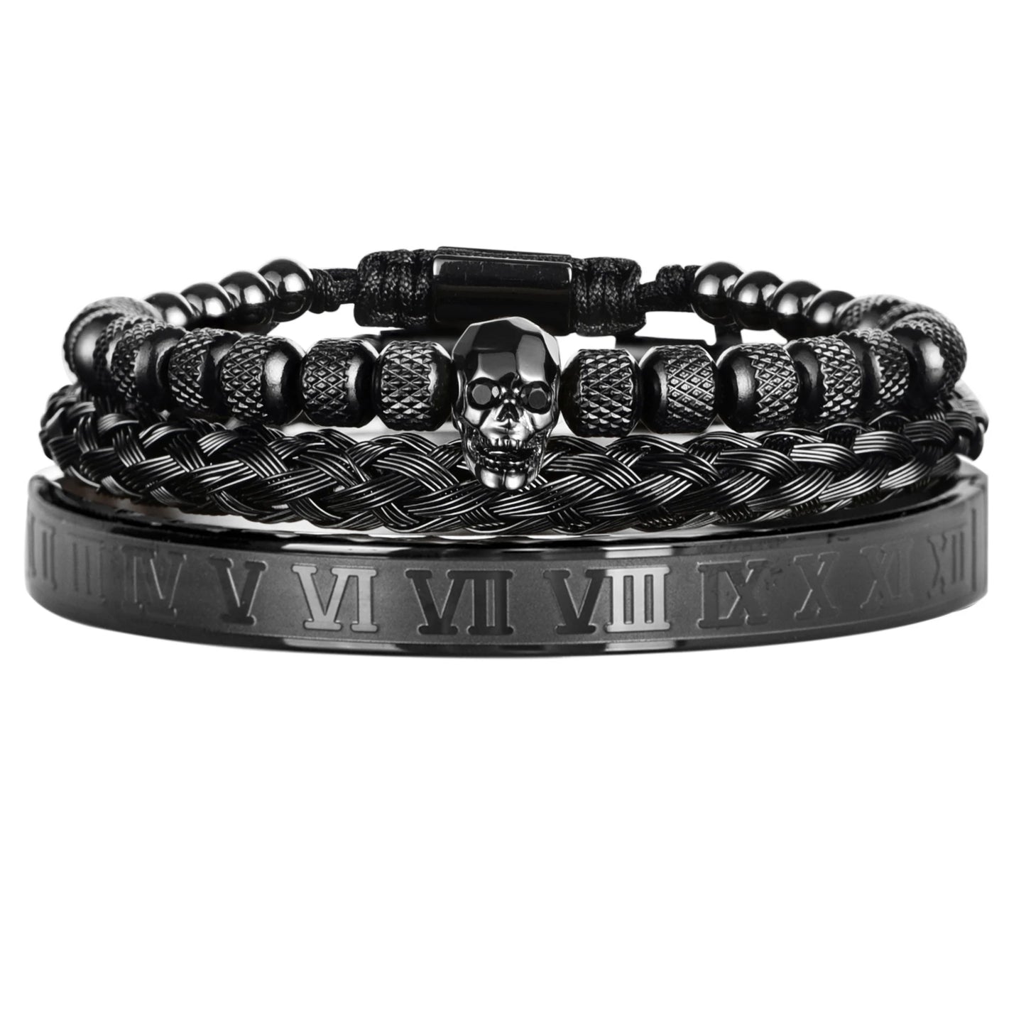 Luxury 3pcs/Set Skull Charm Black Bracelet Stainless Steel Men Enamel Roman Number Bangles Europe Fashion Couple Jewelry