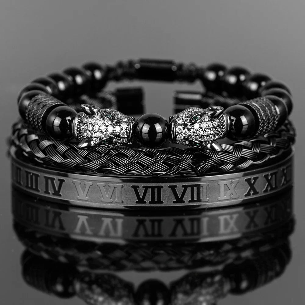 3PCS Mens Premium Black Agate Beaded Bracelet Set - Double Leopard Head, Roman Numerals, Adjustable Braided Design Bracelets