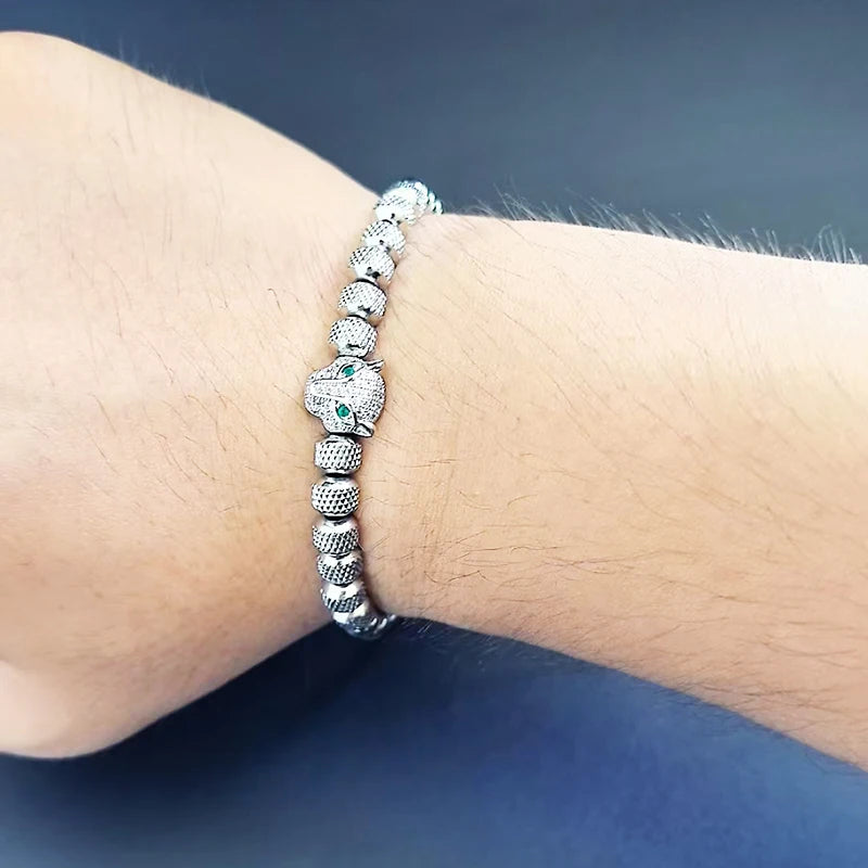 Luxury Royal Black Leopard Head Man Bracelet Stainless Steel Beads Hand Jewelry Big Boy Gift