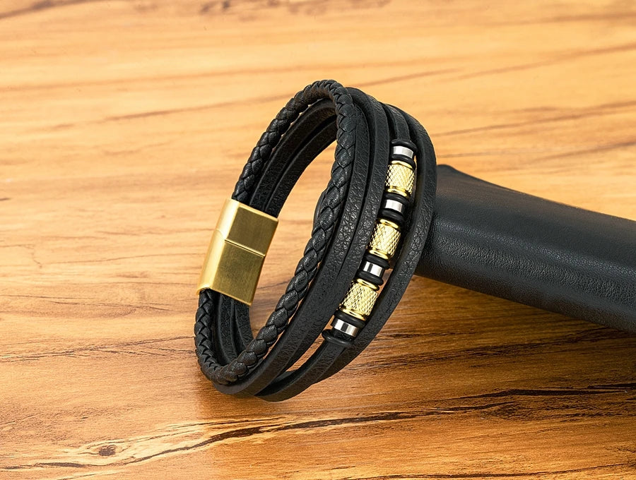 XQNI Fashion Handmade Multi-Layer Leather Bracelets for Men Women Wristband Stainless Steel Button Bangle Accessories Jewelry