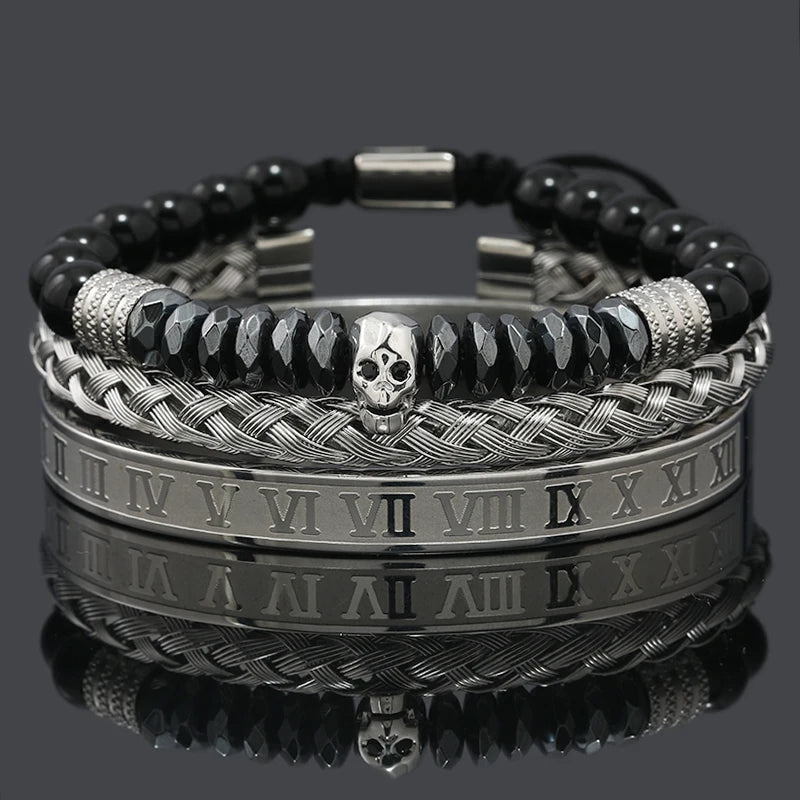 Black Stone Hematite Beads Men Skull Crown Leopard Head Handmade Bracelets Enamel Roman Bangles Hiphop Pulseras Jewelry