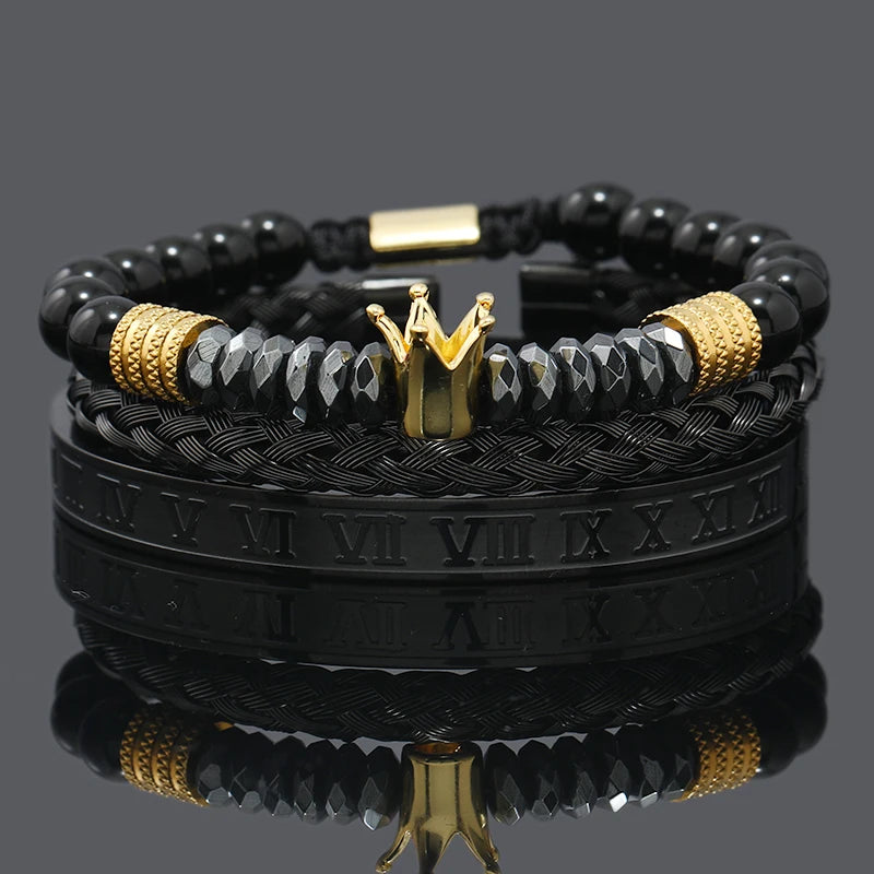 Black Stone Hematite Beads Men Skull Crown Leopard Head Handmade Bracelets Enamel Roman Bangles Hiphop Pulseras Jewelry