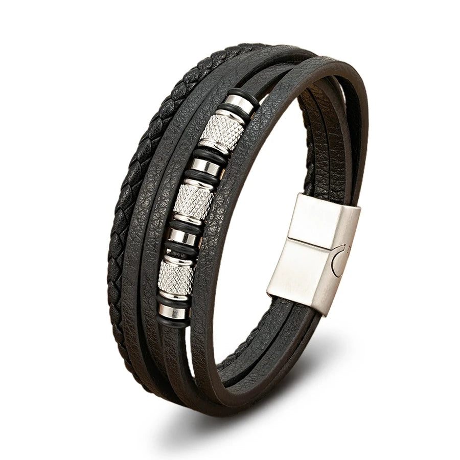 XQNI Fashion Handmade Multi-Layer Leather Bracelets for Men Women Wristband Stainless Steel Button Bangle Accessories Jewelry