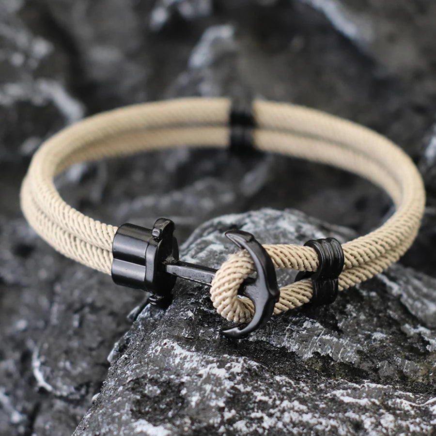 New Fashion Black Marine Anchor Bracelet For Men 4mm Bilayer Milan Rope Nautical Wrap Braclet Gifts For Him Surfing Accessories