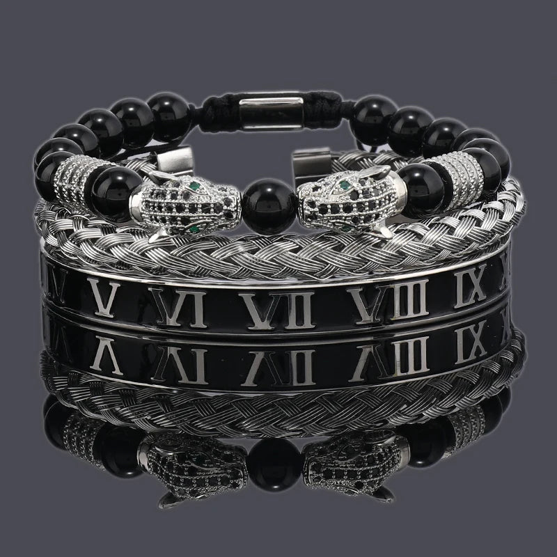 Luxury Black Stone Beads Leopard Head Man Bracelet Enamel Stainless Steel Roman Bangles Women Jewelry Set