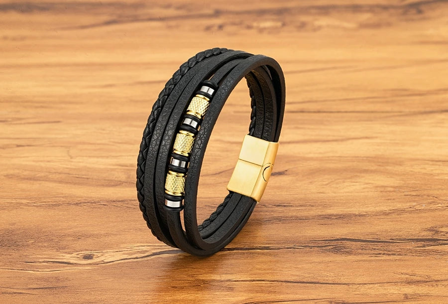 XQNI Fashion Handmade Multi-Layer Leather Bracelets for Men Women Wristband Stainless Steel Button Bangle Accessories Jewelry