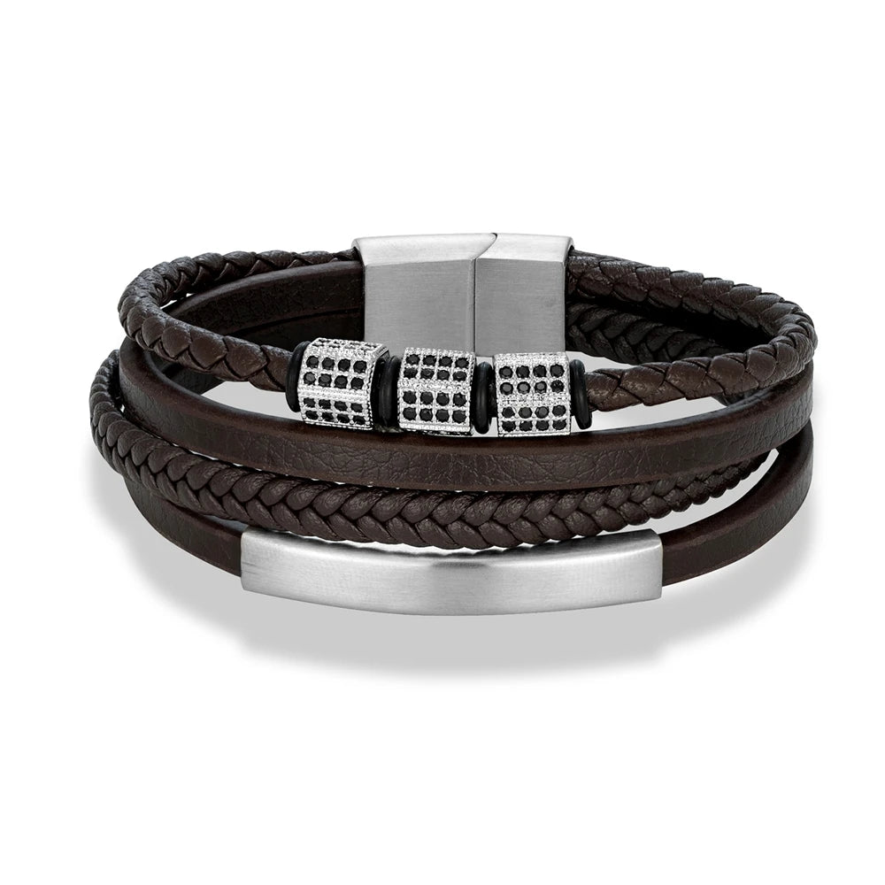 MKENDN Luxury Cubic Zircon Leather Braided Stainless Steel Magnetic Buckle Bracelet for Man Woman Daily Wear Jewelry Gift